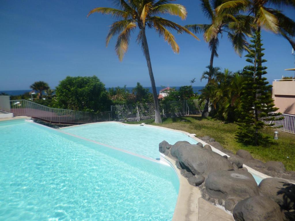 una piscina con un parque acuático con palmeras en Studio Bleu Safran, en Saint-Gilles-les-Bains