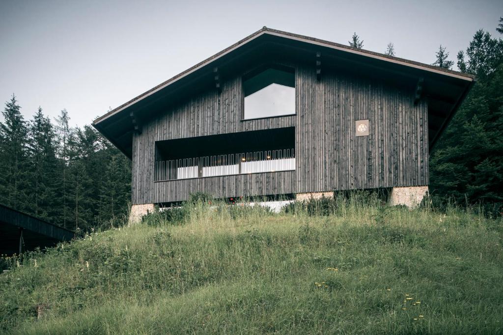 a wooden building on top of a grassy hill at Luxus Chalet Quellhaus in Hinterstoder
