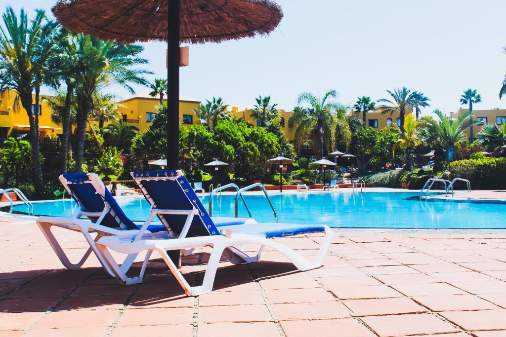 Duas espreguiçadeiras e um guarda-sol junto a uma piscina em Oasis Fuerteventura Beach Apartments em Corralejo