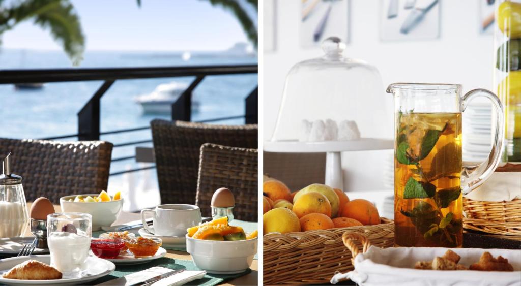 two pictures of a table with food and a drink at Spetses Hotel in Spetses