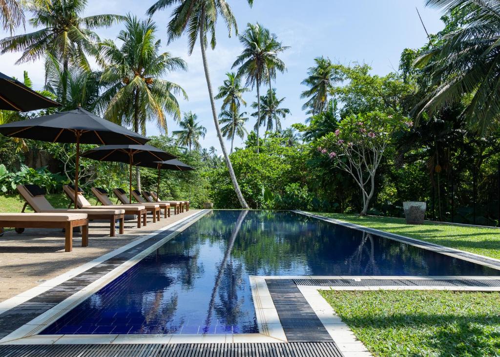 a swimming pool with chairs and umbrellas in a resort at Abode Ahangama in Ahangama