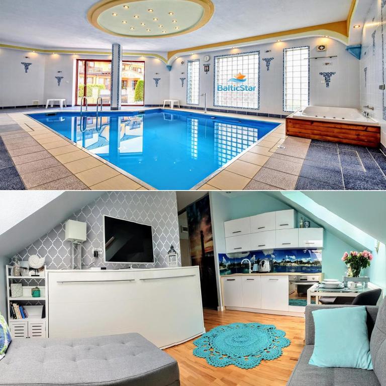 a living room and a swimming pool in a house at Apartament Baltic Star Rewal in Rewal