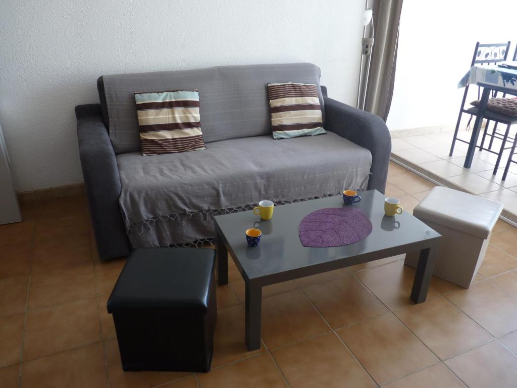 un salon avec un canapé et une table basse dans l'établissement Appartement T2 Cabine, Les Balcons de la Méditerranée, Narbonne Plage, à Narbonne-Plage