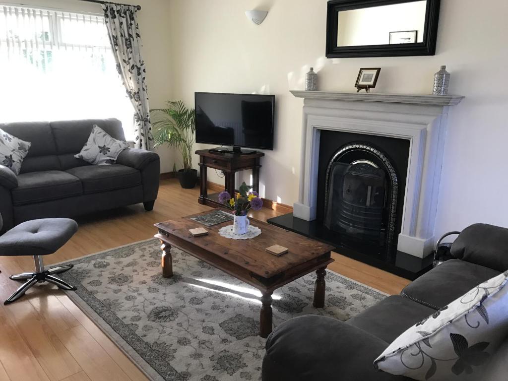 a living room with a couch and a fireplace at Craigs Rock Cottage Cookstown in Cookstown