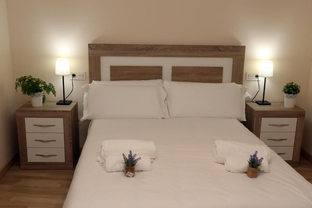 - une chambre avec un grand lit blanc et 2 tables de chevet dans l'établissement Apartamento Puente Romano Portal 4 1-B, à Salamanque