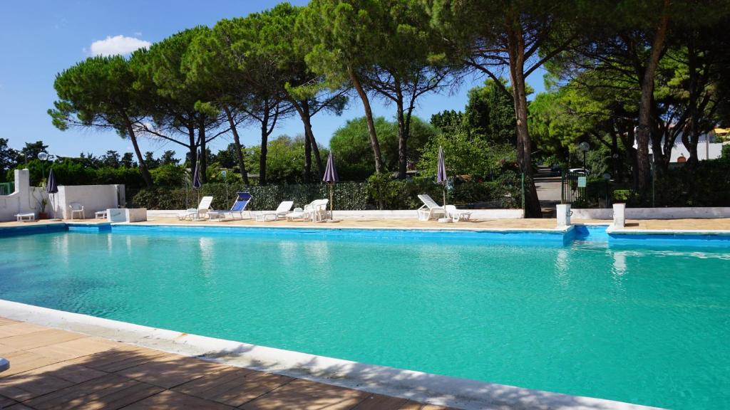 una grande piscina con sedie e alberi di Villa Anna a SantʼAndrea