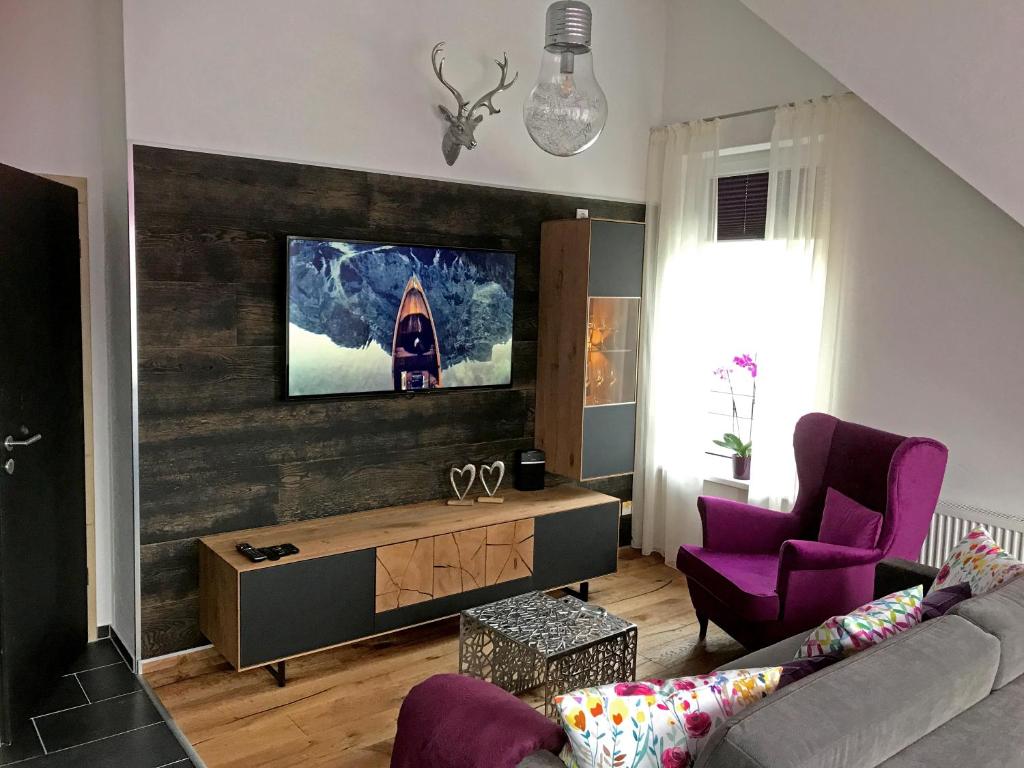 a living room with a couch and a tv on a wall at Ferienwohnung Bergzauber 1 mit MeineCardPlus in Willingen
