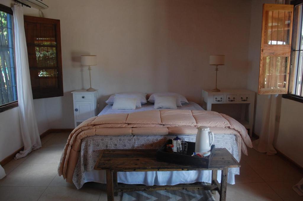sypialnia z łóżkiem i drewnianym stołem w obiekcie Blue House w mieście Concordia
