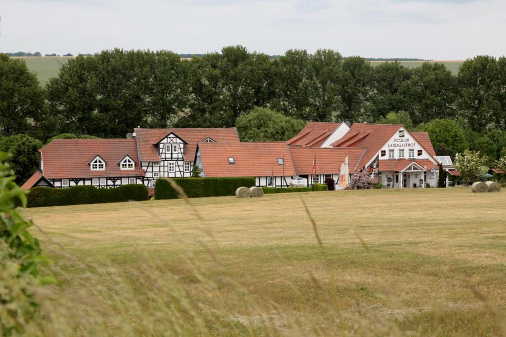 een groep huizen in een veld naast een veld bij Landhotel Furthmühle in Grabe