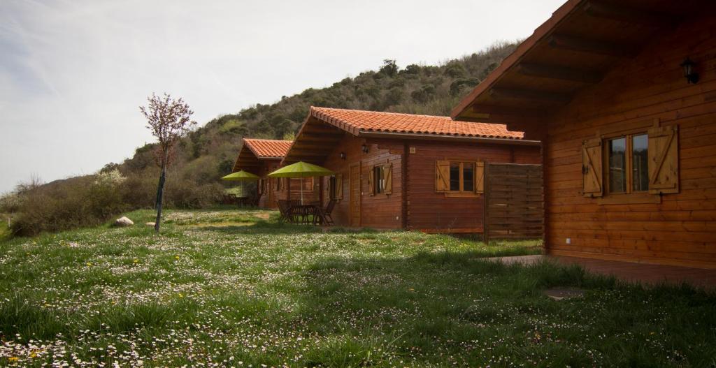 a couple of wooden houses in a field of grass at Paraiso Rural in Villanueva de Cameros