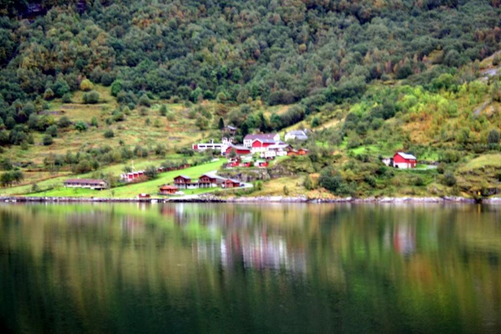 grupa domów na wzgórzu obok jeziora w obiekcie Solhaug Fjordcamping w mieście Geiranger