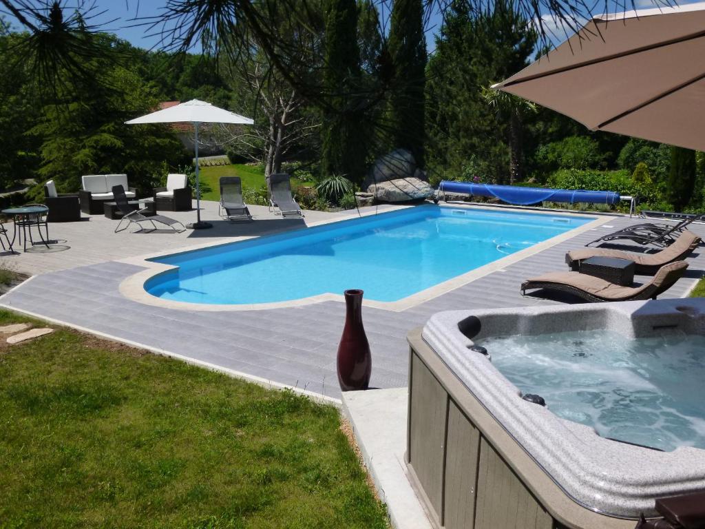 a swimming pool with a vase in a yard at Au Mas de Gamet in Théminettes