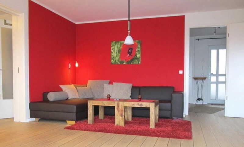 - un salon avec un canapé et un mur rouge dans l'établissement Apartmentvermittlung Mehr als Meer - Objekt 60, à Niendorf