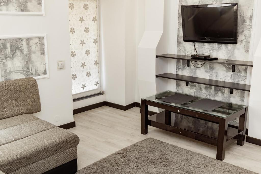 a living room with a couch and a tv at Transitional Havryky Apartment in Lviv