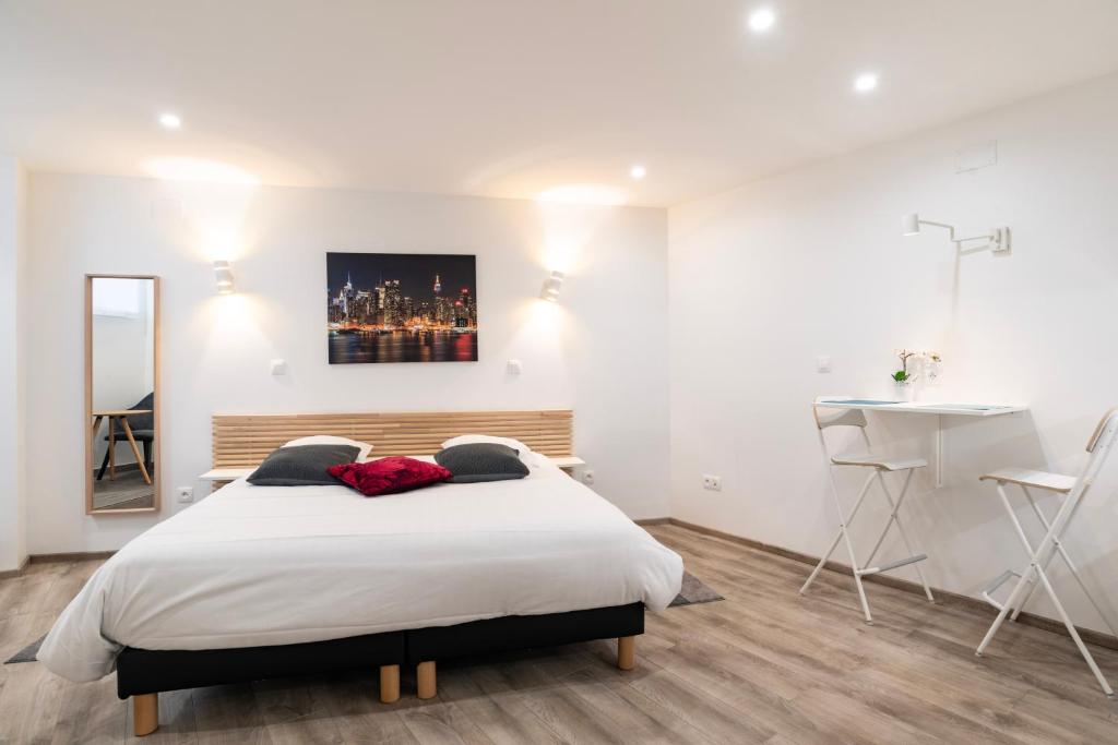 um quarto com uma cama, uma secretária e um espelho em CityCosy Strasbourg - Studio Hirtz Orangerie em Estrasburgo