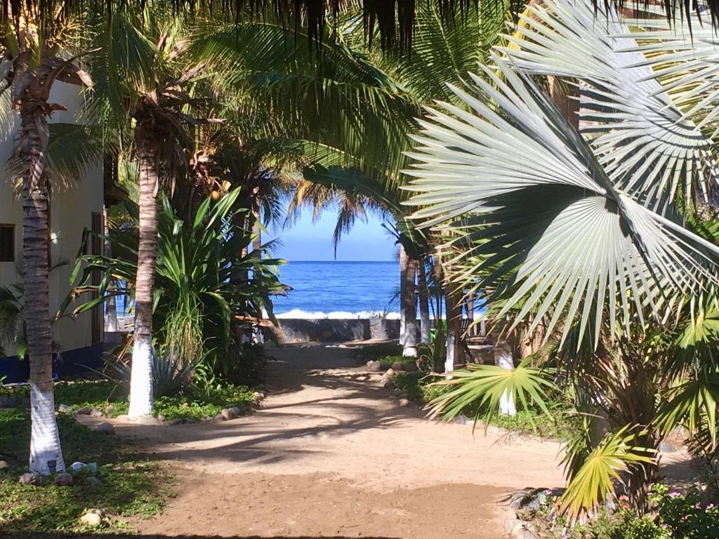 a path leading to the beach with palm trees at Un Escondite Mágico in Barra de Potosi