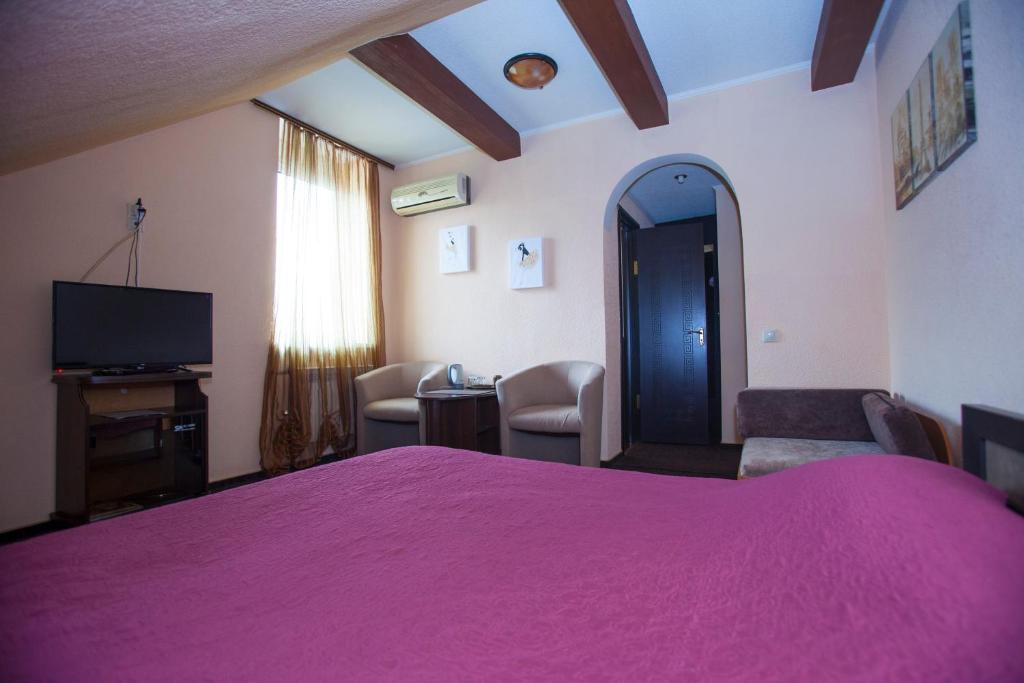 ザポリージャにあるМини-отель Voyageのピンクベッド1台とテレビ付きのベッドルーム1室