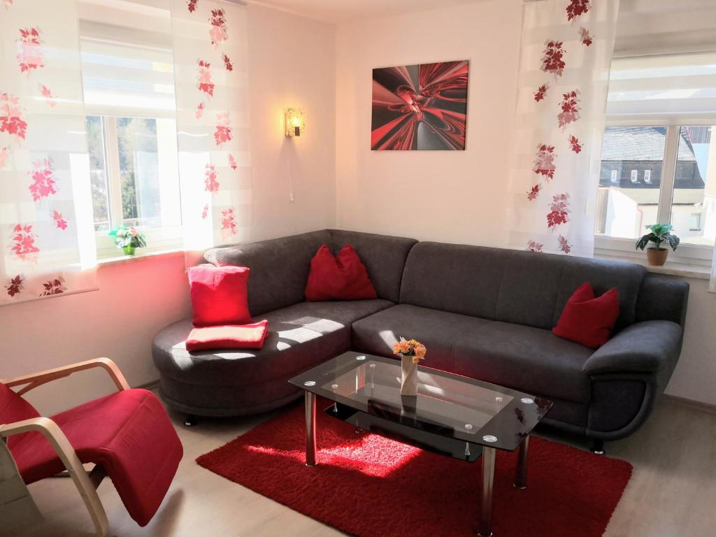 クアオルト・オーバーヴィーゼンタールにあるSpitzers Ferienwohnungenのリビングルーム(グレーのソファ、赤い枕付)