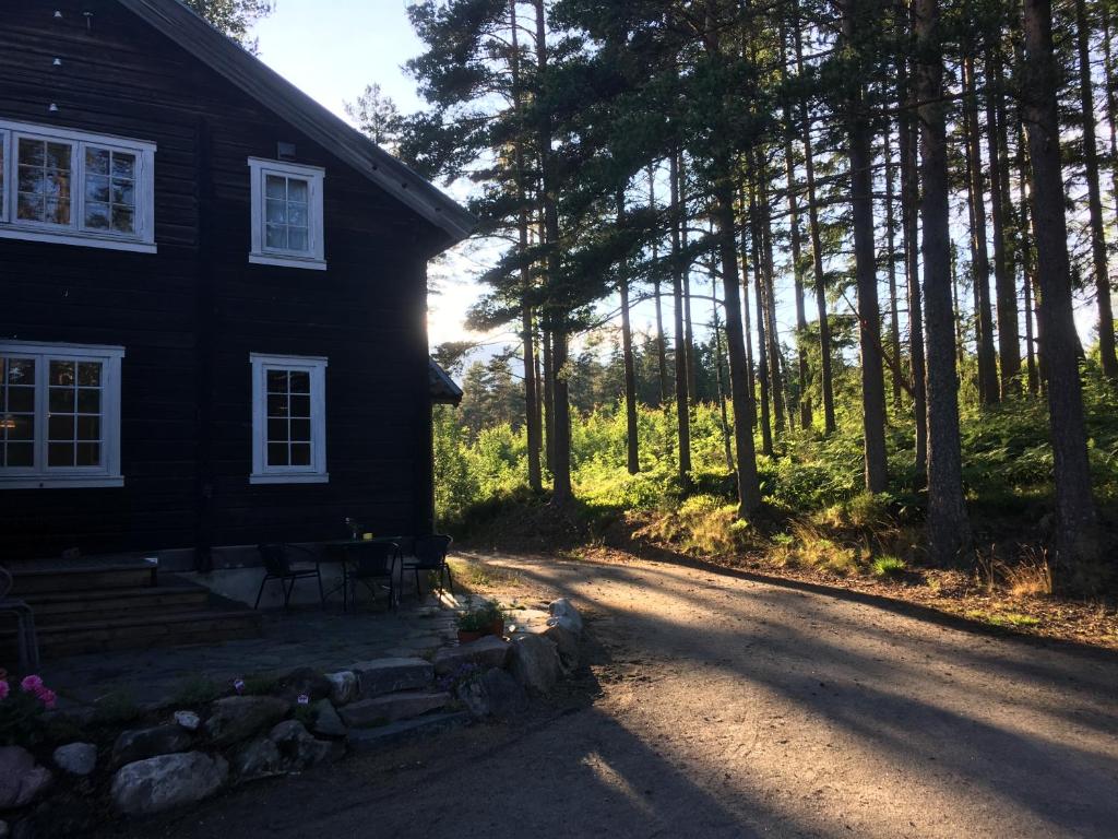 a house with the sun shining through the trees at Breiva Gjestegaard og Glamping in Bø