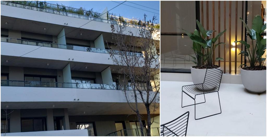 two pictures of a building with a chair and a plant at Aventura 108 in Buenos Aires
