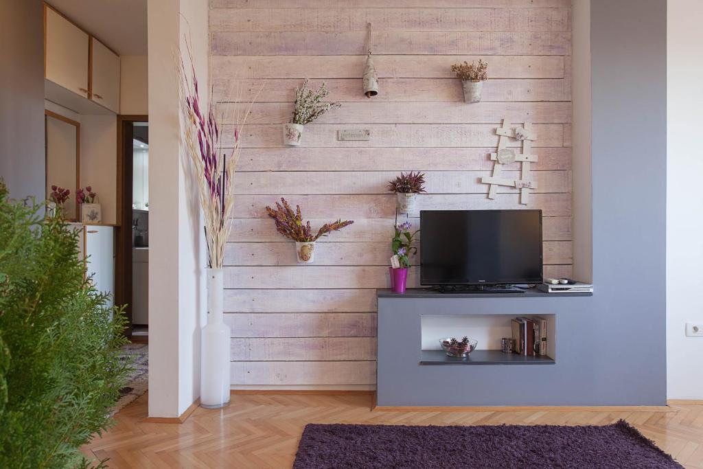 a living room with a wooden wall with a tv at VIOLET APARTMENT in Skopje