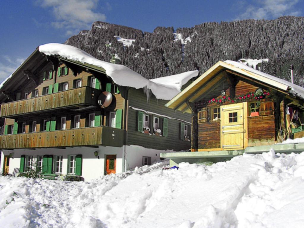 een gebouw bedekt met sneeuw naast een berg bij Apartment Chalet Auf dem Vogelstein-1 by Interhome in Grindelwald