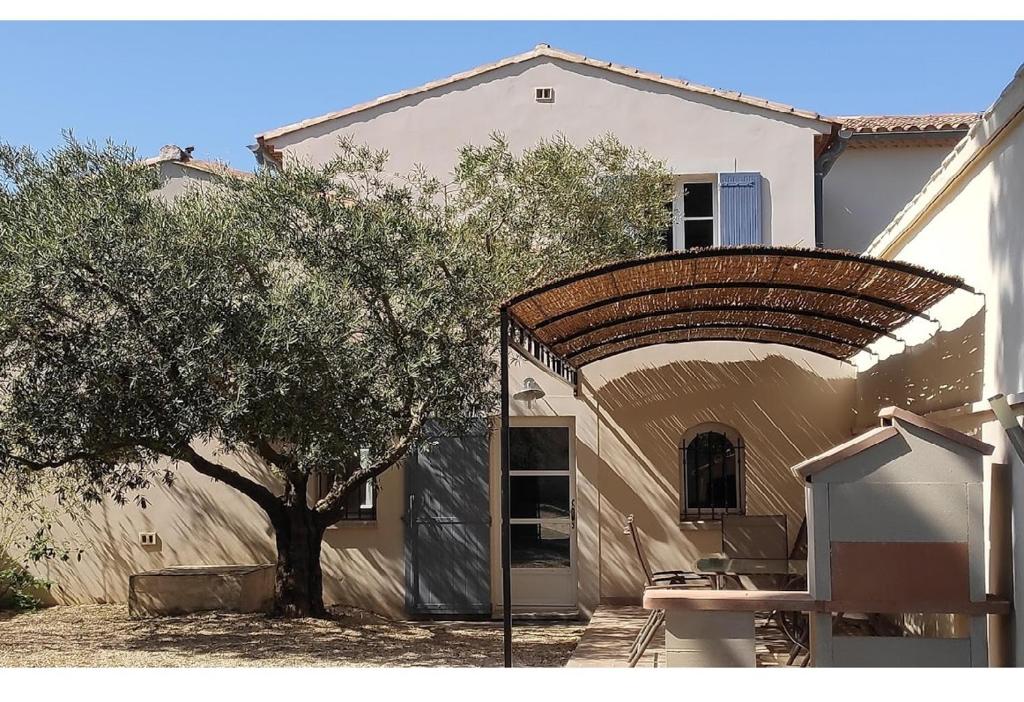 un bâtiment avec un arbre et une arche en osier dans l'établissement Gites en Provence proche Avignon, à Boulbon