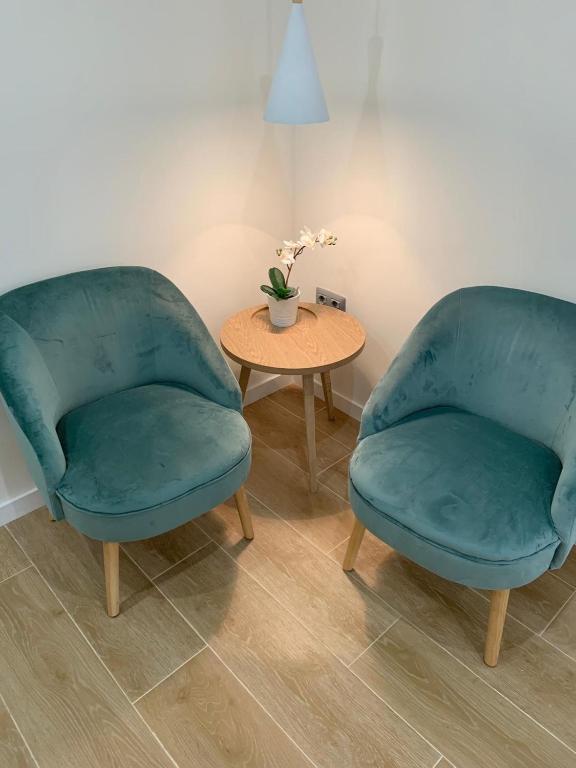 聖克魯斯－德拉帕爾馬的住宿－Mi Nido，两个蓝色的椅子和一张桌子