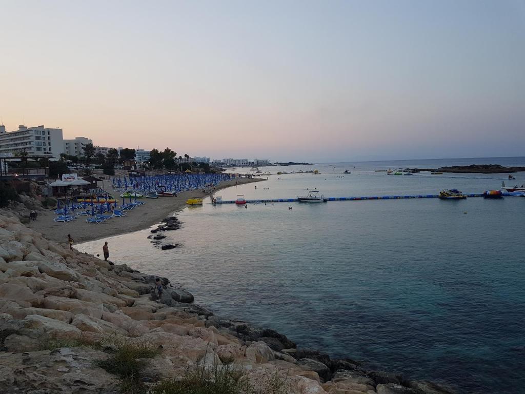 uma praia com um grupo de barcos na água em Astreas Beach Hotel Apartments em Protaras