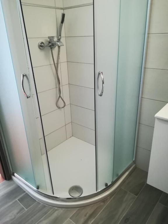 a shower with a glass door in a bathroom at Guesthouse Porec in Poreč