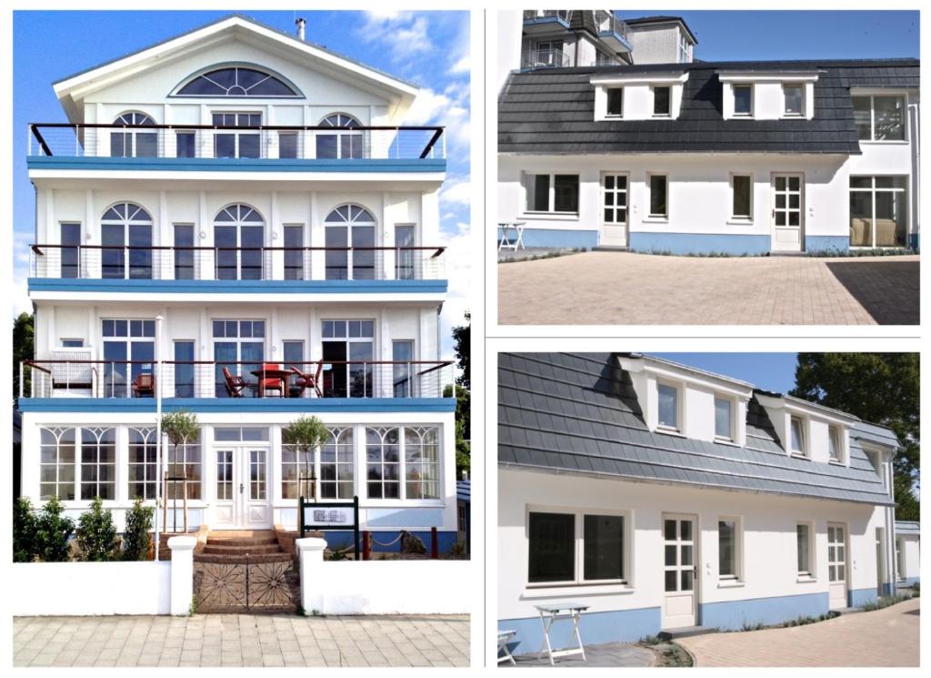 four different views of a white house at Gästhuus - Urlaub aan de Ostsee in Timmendorfer Strand