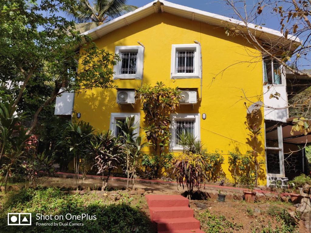 une maison jaune avec des fenêtres et des plantes blanches dans l'établissement Leela's Cottage, à Lonavala