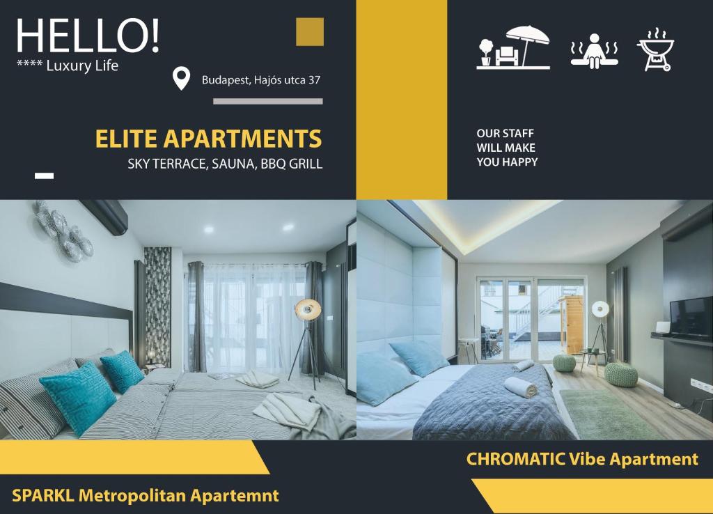 a collage of two pictures of a bedroom at BpR Elite Apartments - Sky Terrace in Budapest