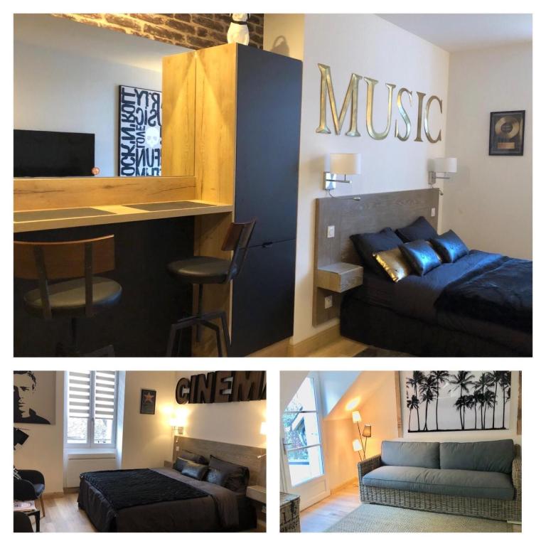 deux photos d'une chambre avec un lit et un salon dans l'établissement Les Maisons du Périgord