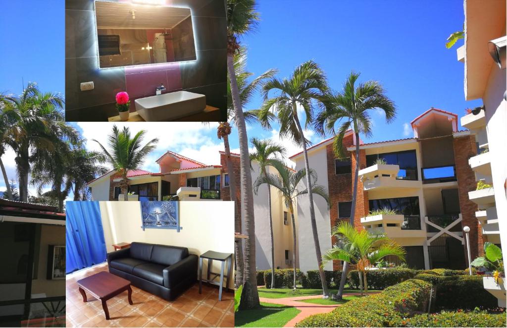 a collage of pictures of a building with palm trees at Apartment Costambar Puerto Plata in San Felipe de Puerto Plata