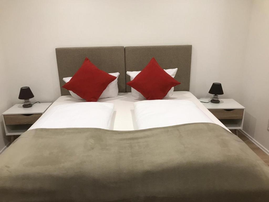 1 cama grande con 2 almohadas rojas. en Ferienwohnung An der alten Weed en Bad Windsheim