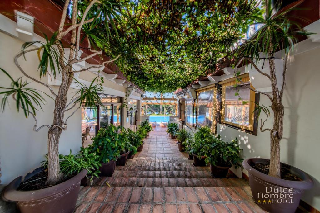 a hallway with trees and plants in a building at Dulce Nombre Hotel - Apartamentos in Tarifa