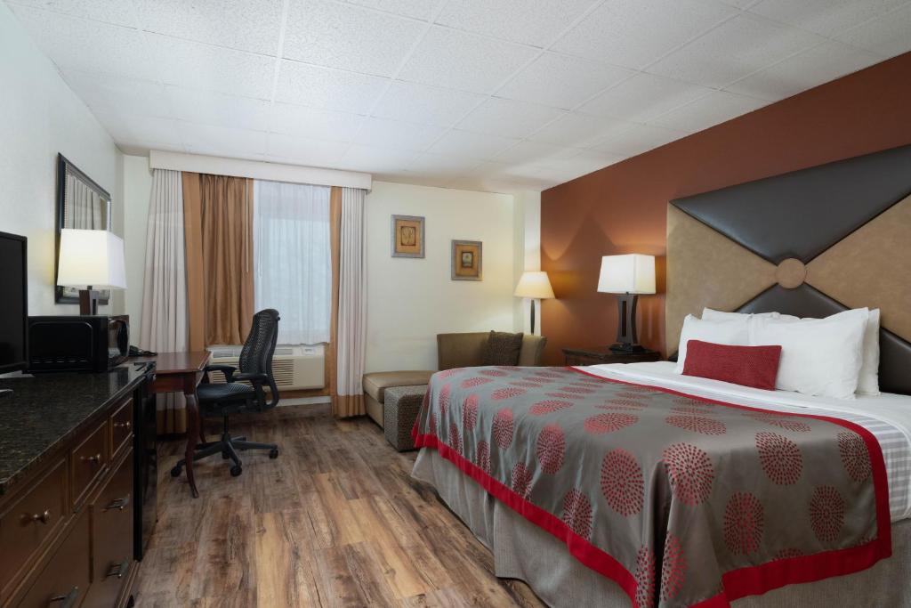 a hotel room with a bed and a desk at Ramada by Wyndham Albert Lea in Albert Lea