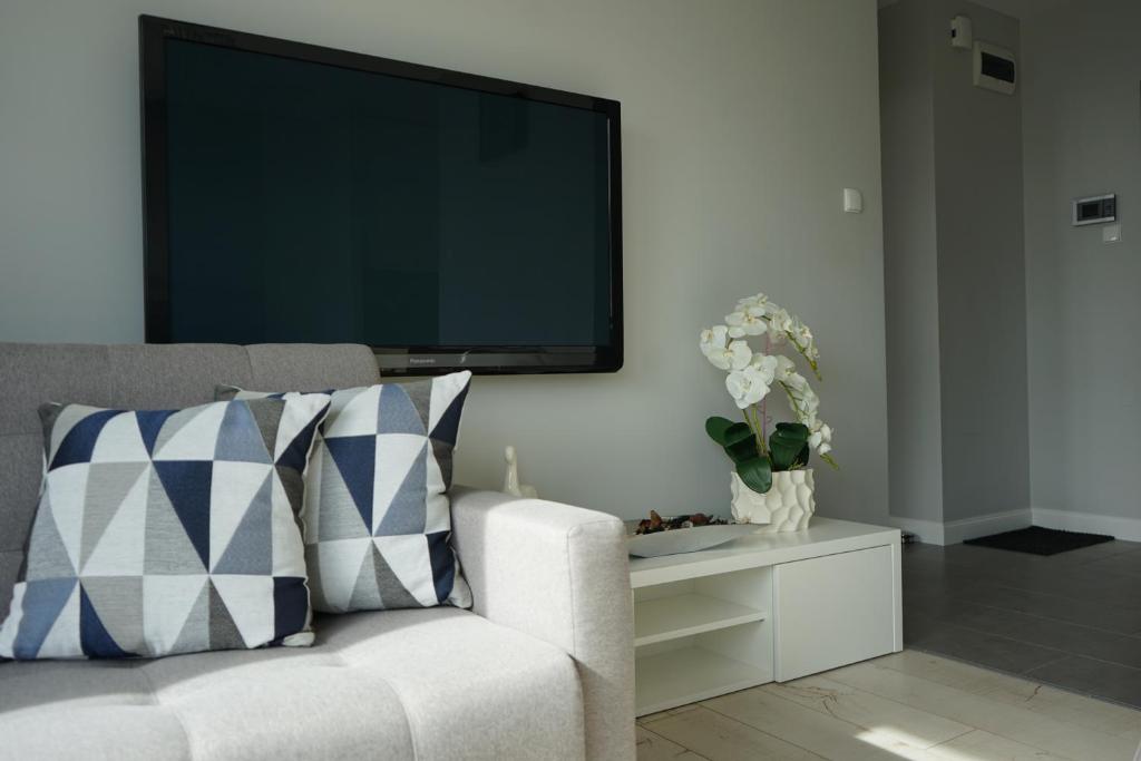 Televízia a/alebo spoločenská miestnosť v ubytovaní Apartament Nadjeziorna