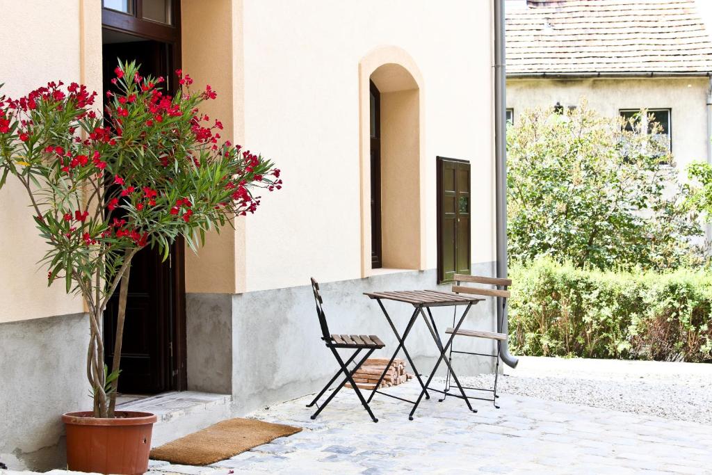 einen Tisch und Stühle auf einer Terrasse mit Pflanze in der Unterkunft Vadszőlő Vendégház in Veszprém