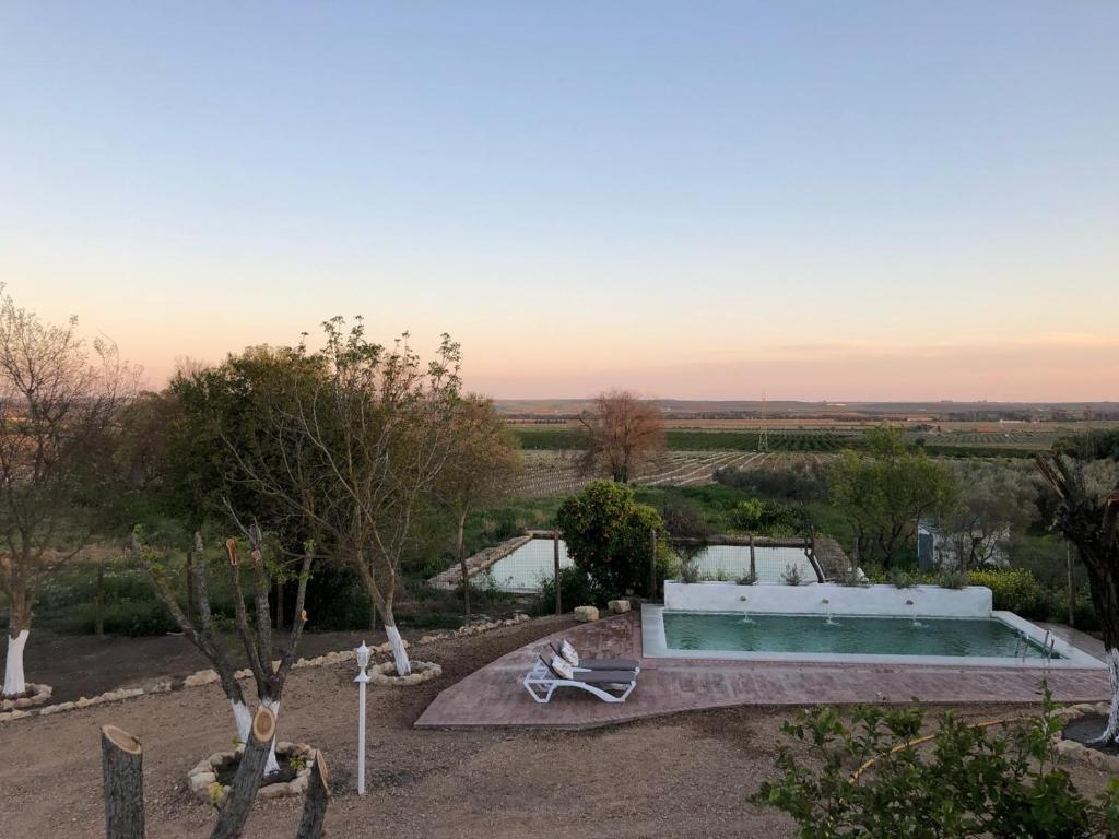 una piscina en medio de un campo con árboles en Casa de la vega, en Almodóvar del Río