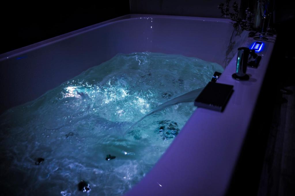 a purple bath tub filled with blue water at Royal Suite in Tissi