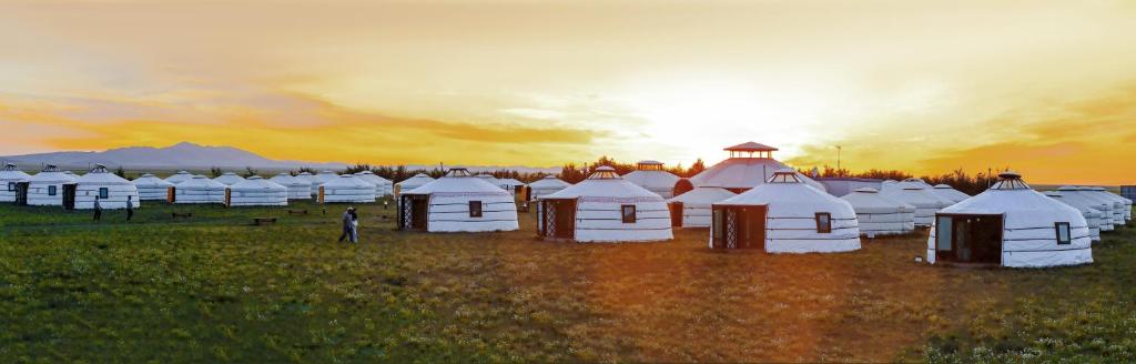 a group of white tents in a field at sunset at Gobi Mirage Lodge in Dalandzadgad