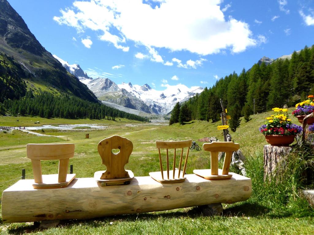um grupo de cadeiras sentadas em cima de um campo em Hotel Roseg-Gletscher em Pontresina