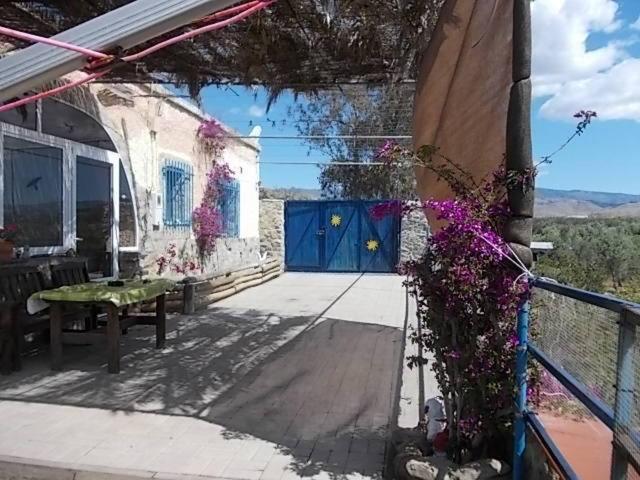 une maison avec une porte bleue et une table de pique-nique dans l'établissement Casa de desierto, à Tabernas