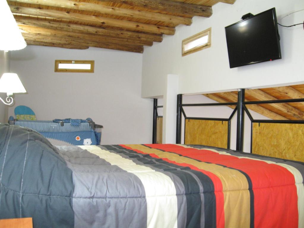 1 dormitorio con 1 cama y TV en la pared en Complejo Turistico Alfombra Magika en Mendoza
