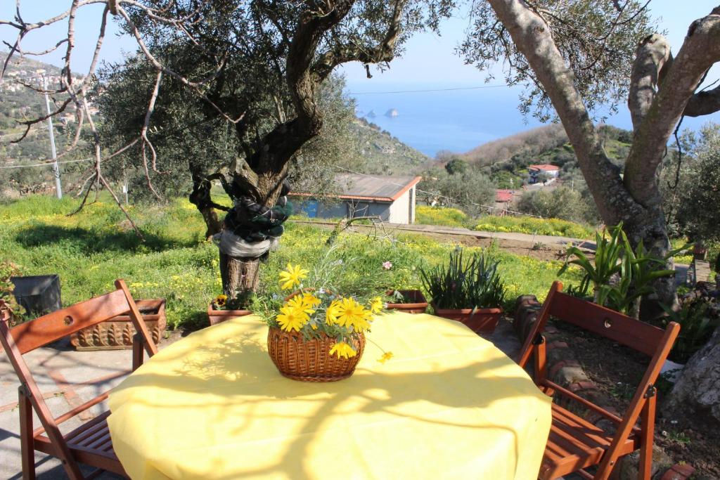 un tavolo con una tovaglia gialla e fiori di CASA JOSELLA a Massa Lubrense