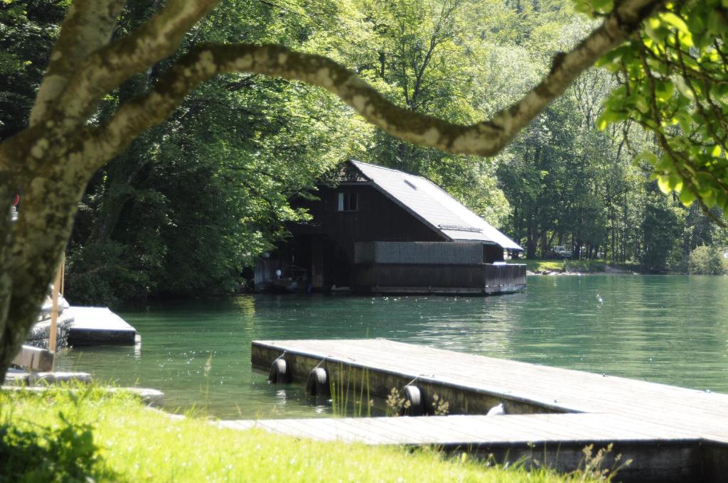 a house on a dock in the middle of a lake at Hotel & Gasthof Fürberg in Sankt Gilgen