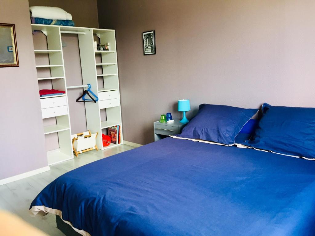 a bedroom with a blue bed and a book shelf at Jolie halte normande in Balines