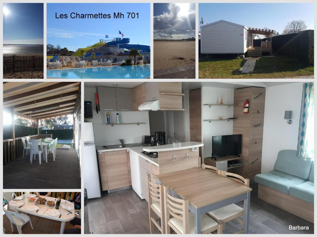 a collage of pictures of a kitchen and dining room at Mobile Home 701 in Les Mathes